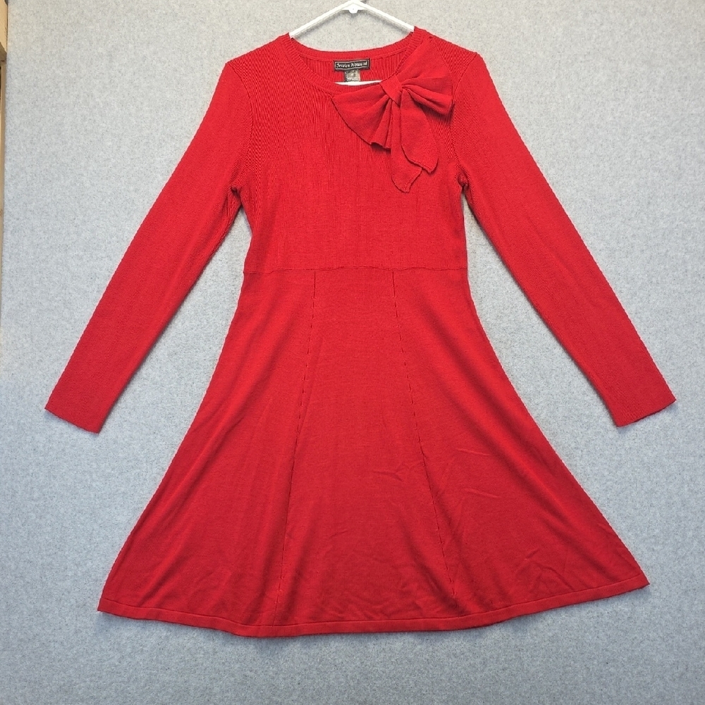 Jessica Howard Red Knit Fit & Flare Dress Women’s Medium Bow Detail